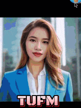 a woman in a blue suit and white shirt with the word tufm on the bottom