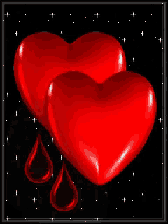 two red hearts on a black background with drops of blood coming out of them