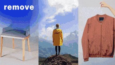 a woman in a yellow raincoat is standing on a mountain next to a chair and a bomber jacket