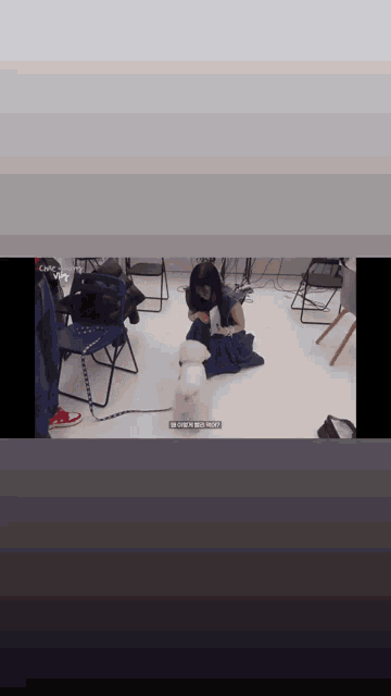 a woman is playing with a small white dog on a leash in a room