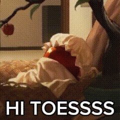 a person laying on a bed with the words hi toesss written on the bottom