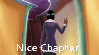 a cartoon of a woman standing in a hallway with the words nice chapter above her