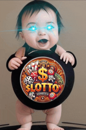 a baby with blue eyes is holding a sign that says slotto memecoin