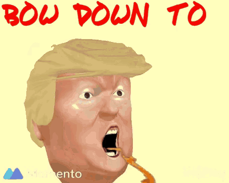 a cartoon of donald trump screaming with the words " bow down to trumpzilla " below him