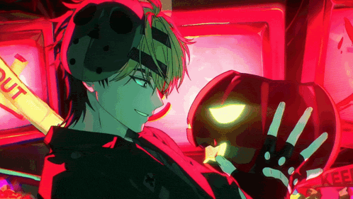 a man wearing a virtual reality headset stands next to a sign that says " keep out "