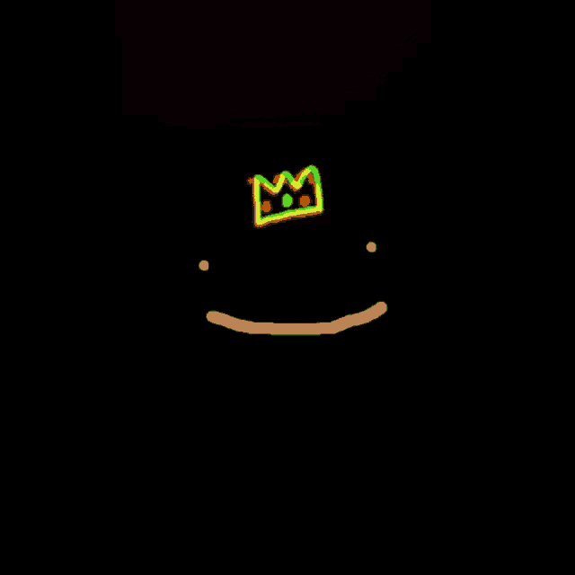 a drawing of a smiling face with a crown on it on a black background .