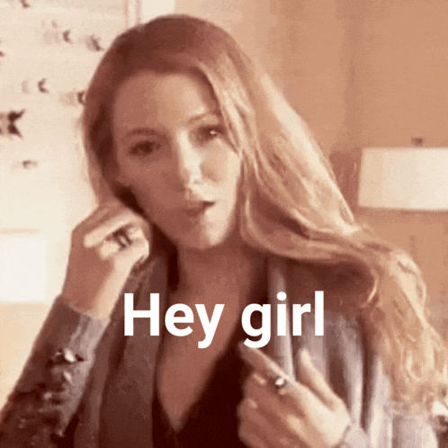 a woman is talking on a cell phone and the words hey girl are on her face