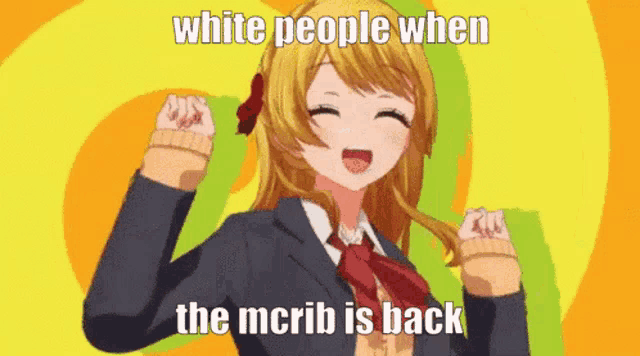 a girl in a school uniform is dancing with the caption white people when the mcrib is back