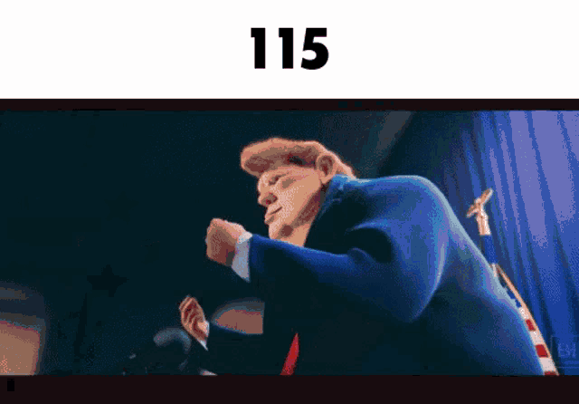 a cartoon of donald trump giving a speech in front of a crowd with the number 115 above him