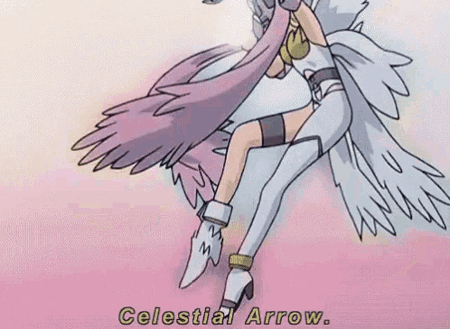 a cartoon character is holding a celestial arrow in her hand