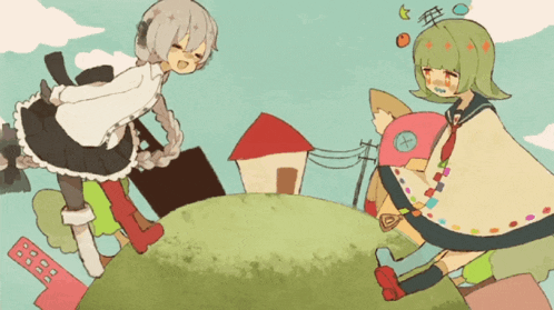 a cartoon of two girls standing on a hill with a house in the background