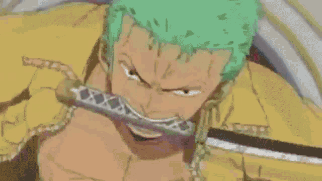 a man in a yellow shirt is holding a sword in a cartoon scene .