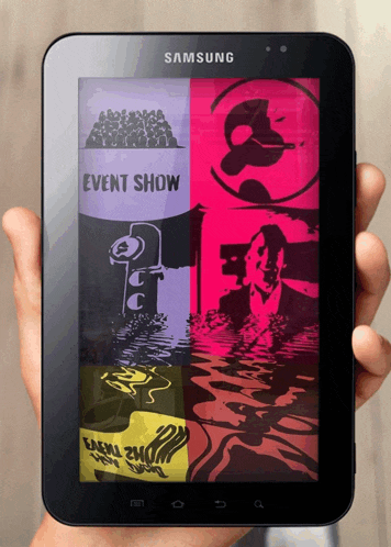 a person is holding a samsung tablet that has a picture of an event show on it