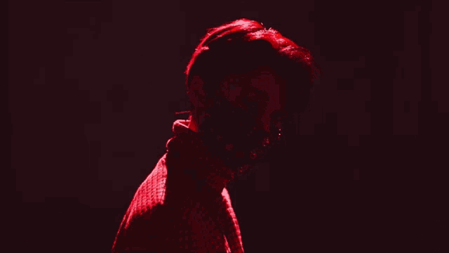 a man wearing a red plaid turtleneck and a black mask on his face