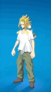 a man in a white shirt and green pants is dancing with his fist in the air