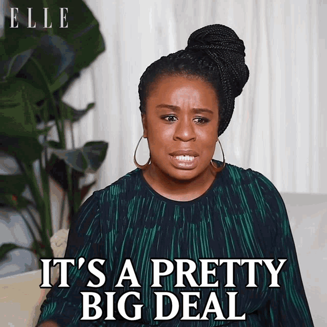 a woman sitting on a couch with the words it 's a pretty big deal above her