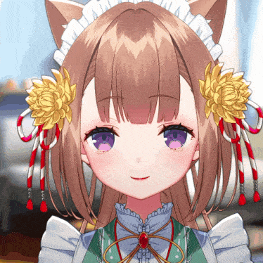 a close up of a girl 's face with purple eyes and flowers in her hair