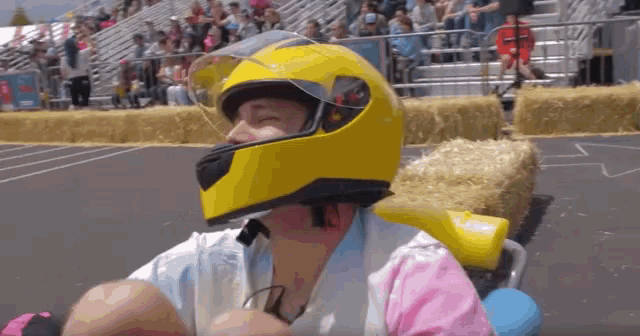 a person wearing a yellow helmet with a visor on it