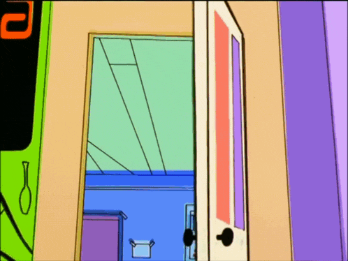 a cartoon drawing of a door with the letter r on the bottom right