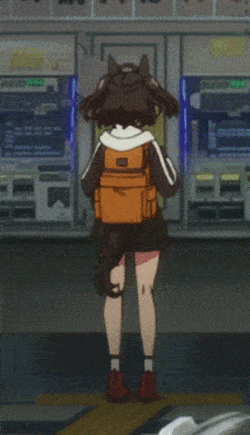 a girl with a backpack is standing in front of a machine that says " tokyo " on it