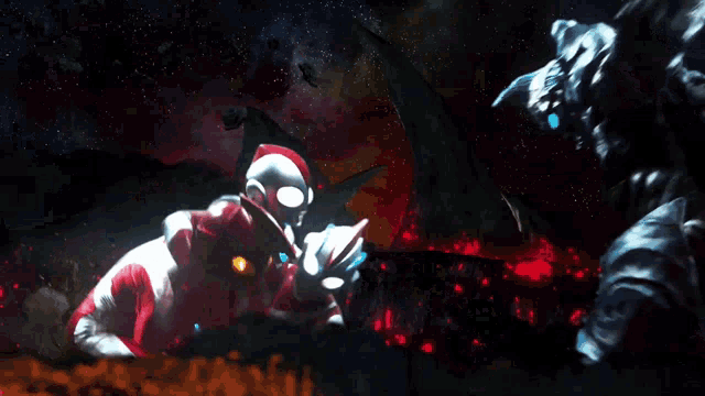 a man in a red and white suit is fighting another man in a black and white suit