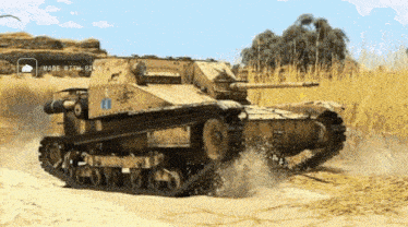 a tank is driving through a field with a made with rika logo in the corner