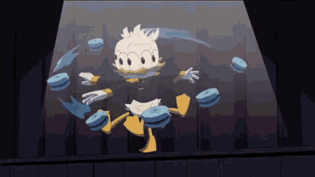 a cartoon duck is standing on a stage juggling balls .