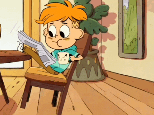 a cartoon of a boy reading a newspaper with a cat on his shirt