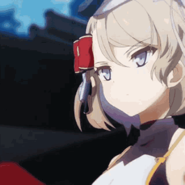 a close up of a anime girl with a red bow on her head