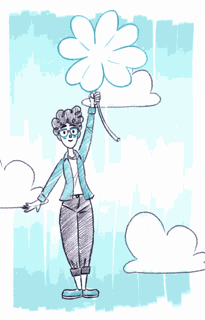 a drawing of a woman holding a flower balloon