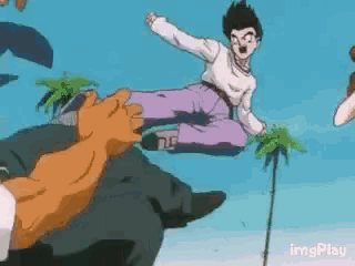 a cartoon character is flying through the air while another character kicks him in the face .