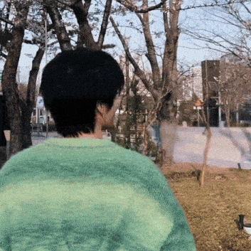 a person wearing a green sweater is standing in a park looking at trees .
