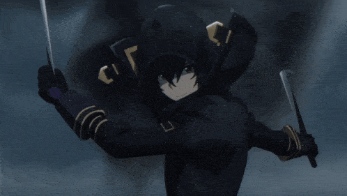 a black robot with a purple and gold stripe on its arm
