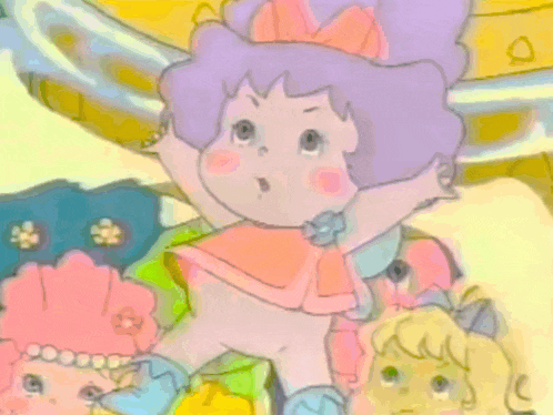 a cartoon girl with purple hair and a bow on her head