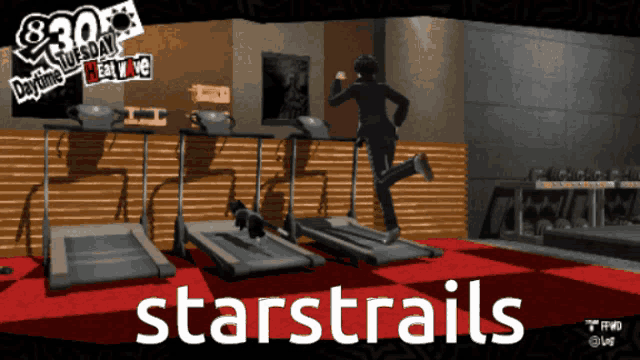 a man is running on a treadmill in a gym with the words starstrails below him