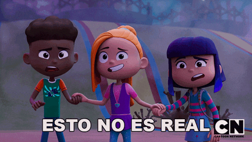 three cartoon characters standing next to each other with the words esto no es real cn