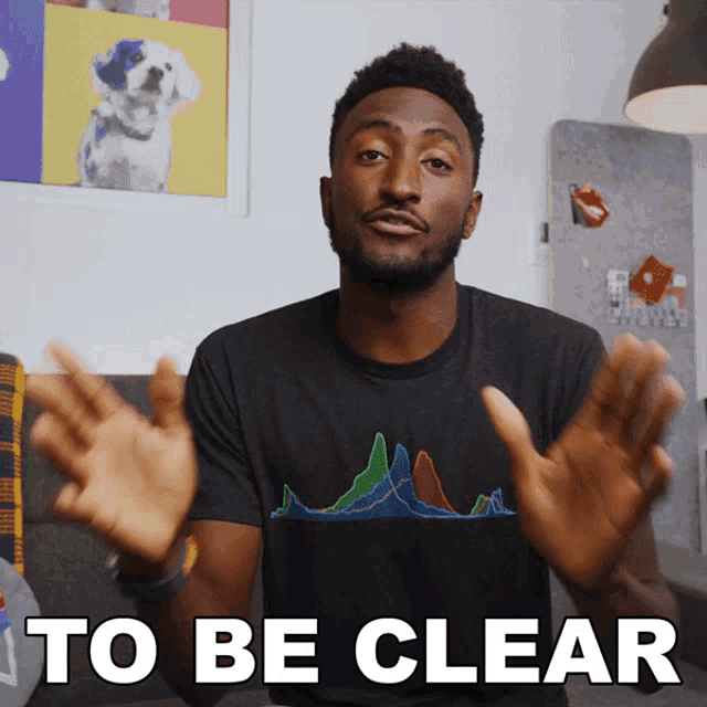a man wearing a black shirt with a graph on it says to be clear