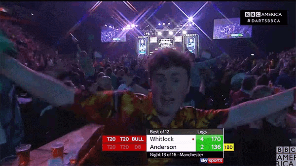 a man in a hawaiian shirt is watching a darts match on bbc america