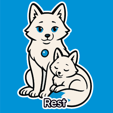 a cartoon drawing of a fox and a baby fox with the word rest above them
