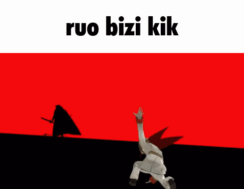 a video game character with the words ruo bizi kik on the top