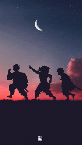 a silhouette of three people with a crescent moon behind them