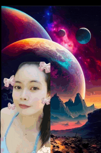 a woman with pink bows in her hair is surrounded by planets