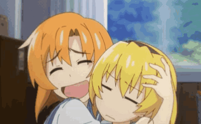 a couple of anime characters are hugging each other and one of them is laughing .