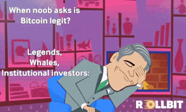 a cartoon of a man with the words " when noob asks is bitcoin legit " on the bottom