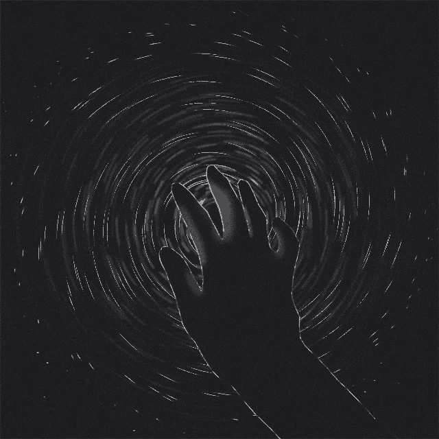 a black and white drawing of a hand reaching into a circle of stars
