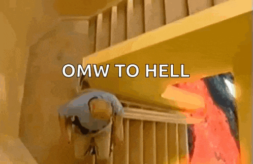 a man is walking up a set of stairs with the words `` omw to hell '' written on the bottom .