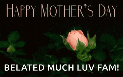 a pink rose with the words `` happy mother 's day belated much luv fam '' written on it .
