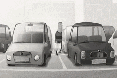 a black and white drawing of a man standing in a parking lot with a row of cars