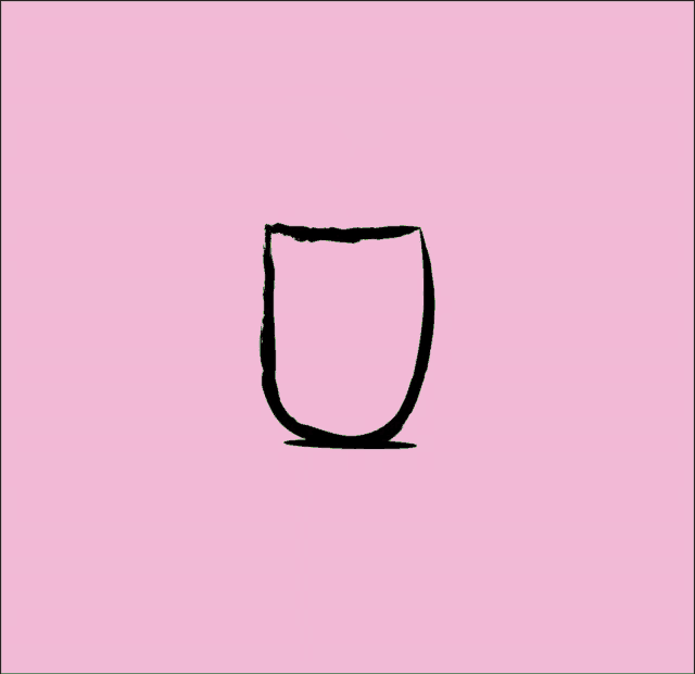 a pink background with a drawing of a cup and an olive