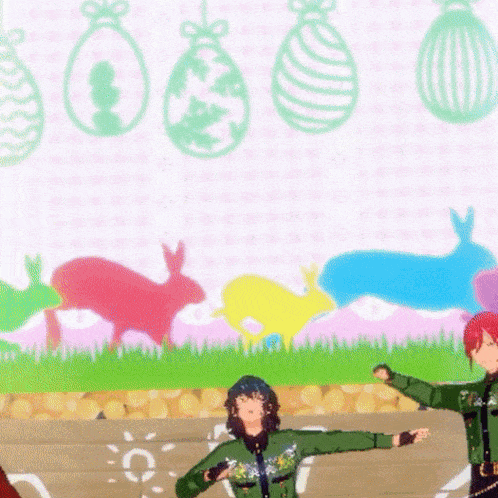 a group of people are dancing in front of a colorful background